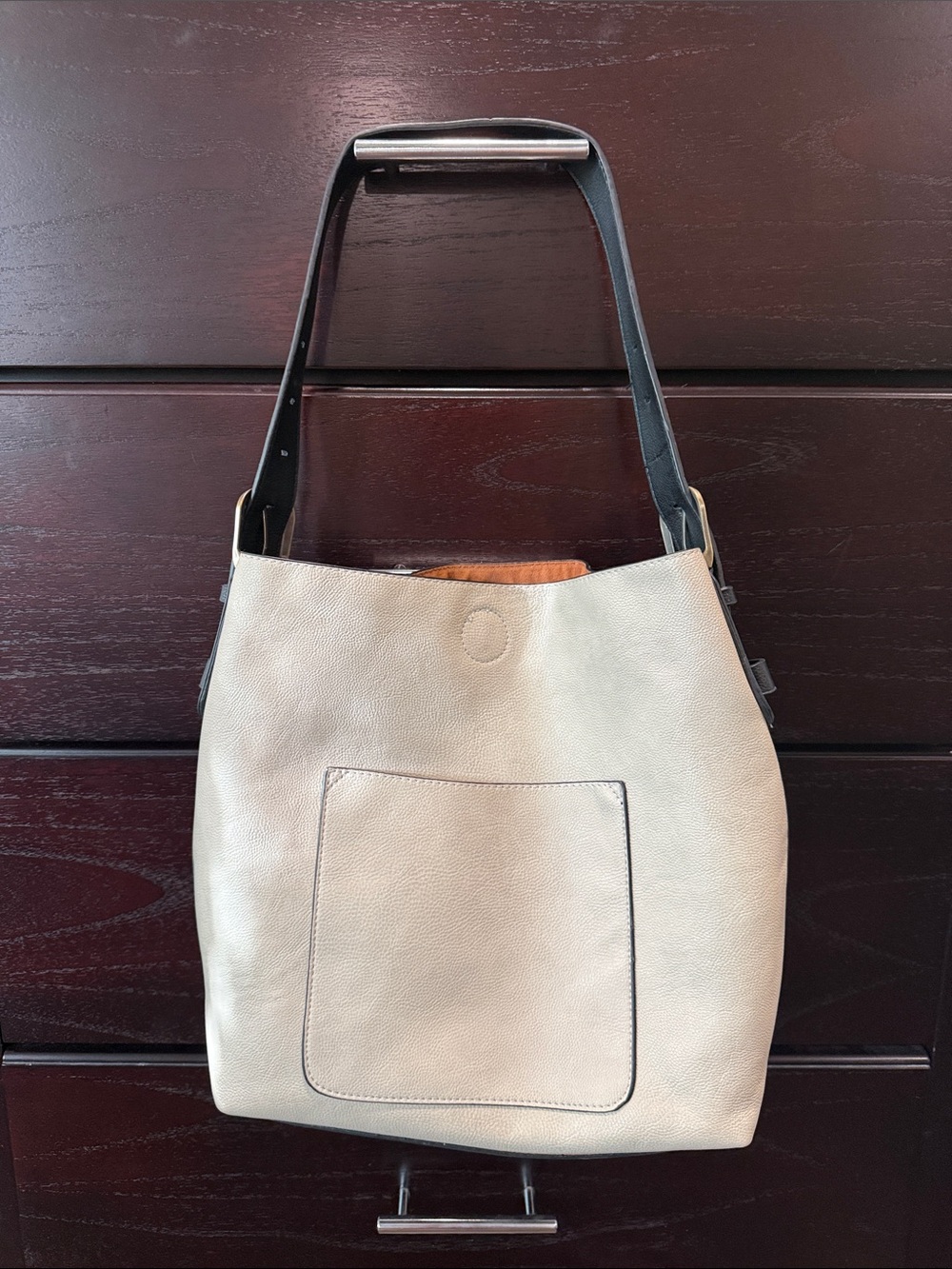 Cream faux Leather Shoulder Bag with Black Strap